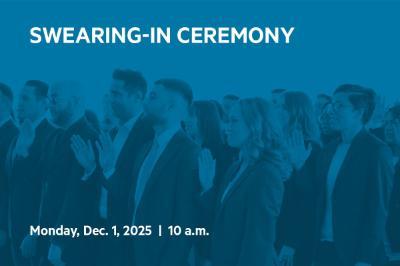 LMU Loyola Law School Swearing-In Ceremony Monday, Dec. 1, 2025 | 10 a.m. A group of professionally dressed bar-passers raise their right hand to take their oath.
